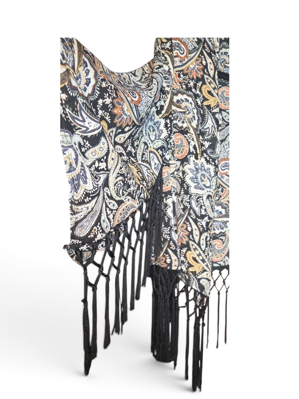Hanger 221 Paisley Fringe Open-Front Kimono Jacket - Black Multi - Picture 3 of 4
